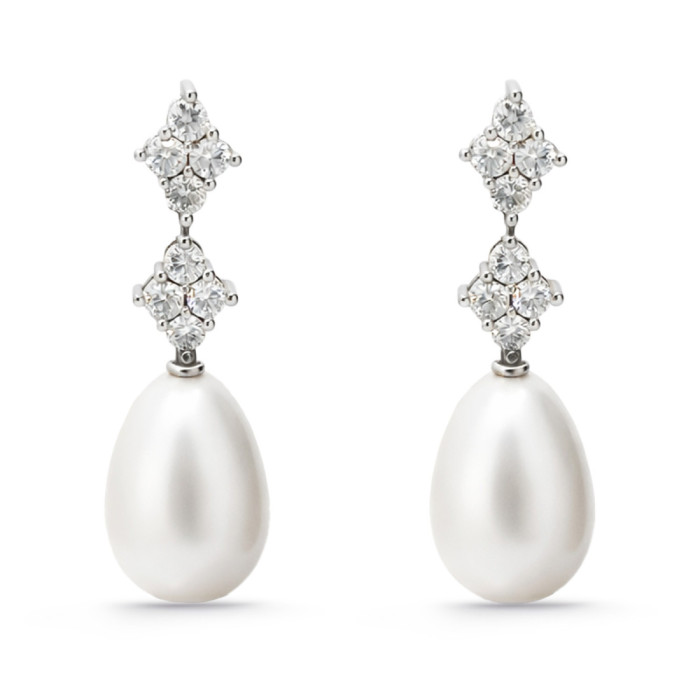 Pendientes Diamantes Y Perlas Doble Rombo - Brincos de pérolas