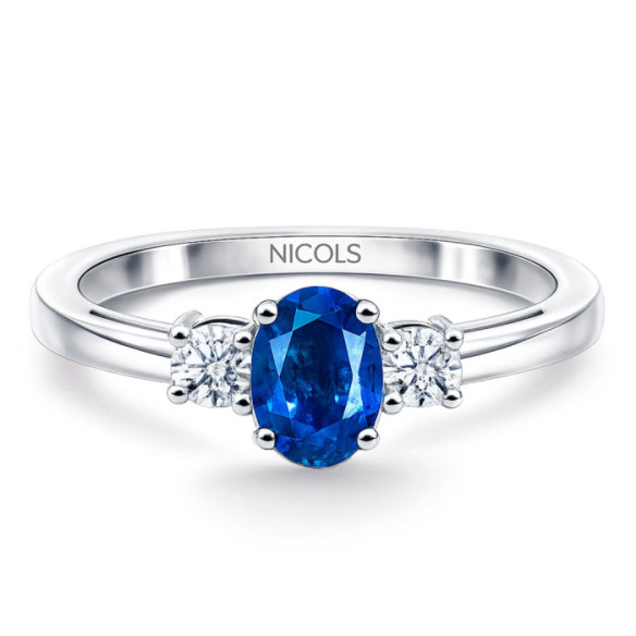 Anillo Zafiro y Diamantes Tresillo Oro Blanco Sunset Oval - Anillos de Compromiso Azul
