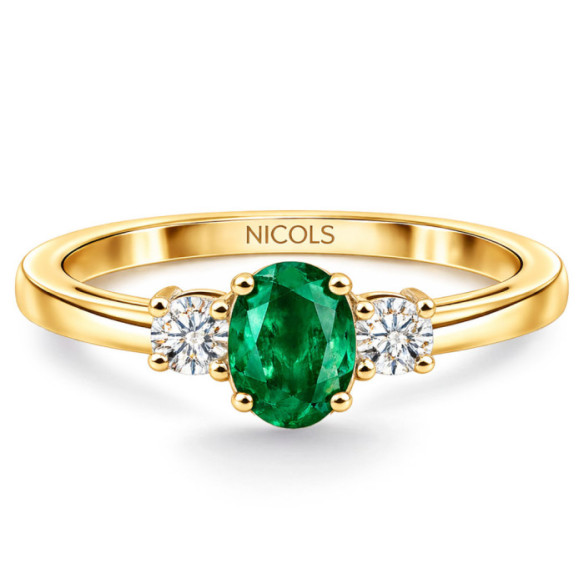 Emerald and Diamond Ring, Yellow Gold, Three-Piece Set, Sunset Oval - Green engagement rings