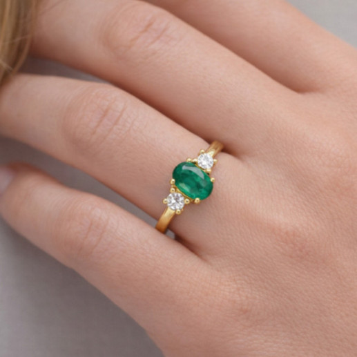 Emerald and Diamond Ring, Yellow Gold, Three-Piece Set, Sunset Oval - Green engagement rings 2