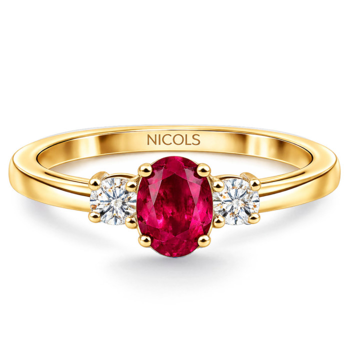 Anillo Rubí y Diamantes Tresillo Oro Amarillo Sunset Oval - Anelli di fidanzamento rosso