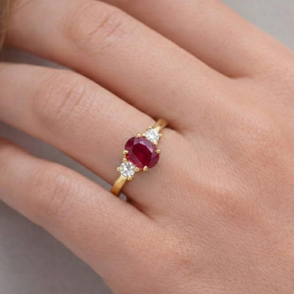 Ruby and Diamond Trestle Ring in Sunset Oval Yellow Gold - Red Engagement Rings