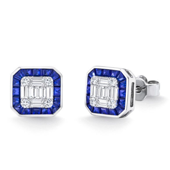 Pendientes Zafiros y Diamantes Oro Blanco Square - dormilonas