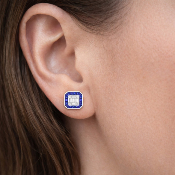 Pendientes Zafiros y Diamantes Oro Blanco Square - dormilonas
