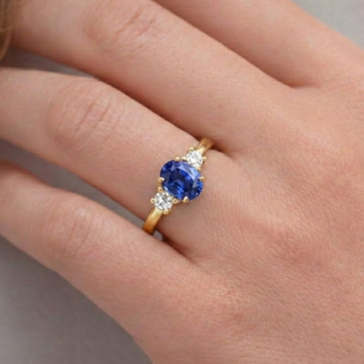 Anillo Zafiro y Diamantes Tresillo Oro Amarillo Sunset Oval - Blaue Verlobungsringe 2