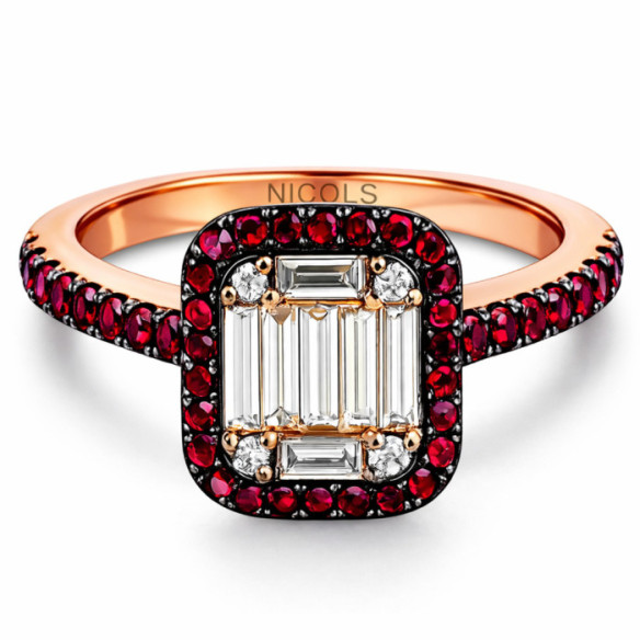 Anillo Rubís y Diamantes Rodio Negro Oro Rosa Pavé - Anillos de Rubí