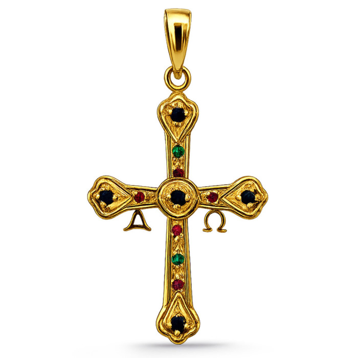 Cruz de Covadonga Esmeralda, Zafiro y Rubí Oro Amarillo 33x23mm - Passages de caravaca