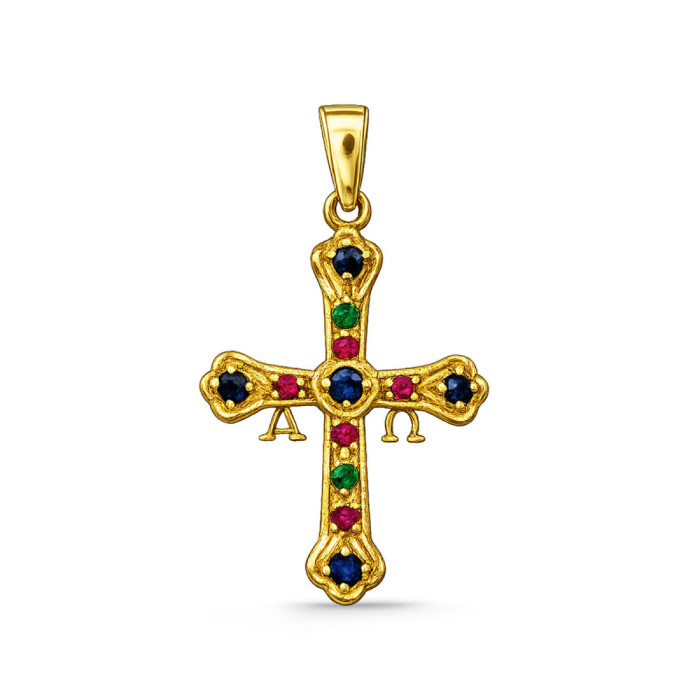 Cruz de Covadonga Esmeralda, Zafiro y Rubí Oro Amarillo 26x18mm - Passages de caravaca
