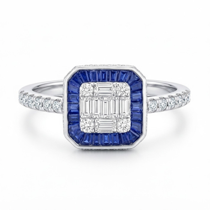 Anillo Zafiro y Diamantes Oro Blanco Square - Anillos de Zafiro