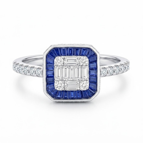 Anillo Zafiro y Diamantes Oro Blanco Pavé Square - Bagues en saphir
