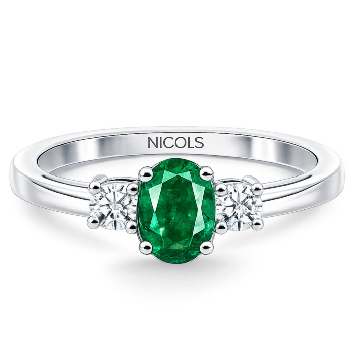 Anillo Esmeralda y Diamantes Tresillo Oro Blanco Sunset Oval - Anéis de noivado verde