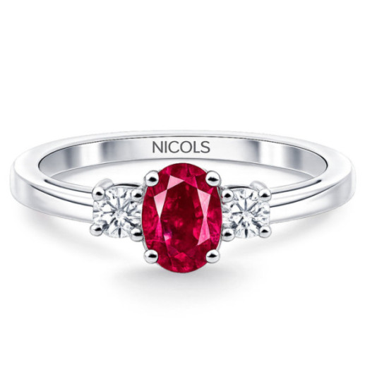 Anillo Rubí y Diamantes Tresillo Oro Blanco Sunset Oval - Anillos de Compromiso Rojo