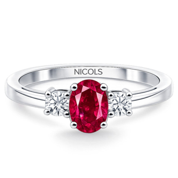 Anillo Rubí y Diamantes Tresillo Oro Blanco Sunset Oval - Bagues de fiançailles rouges