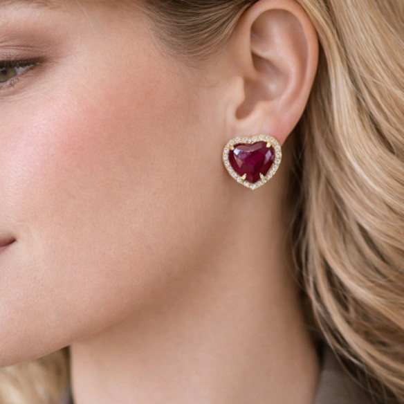 Ruby and Diamond Heart Necklace Earrings Yellow Gold Red Carpet - Red stones earrings