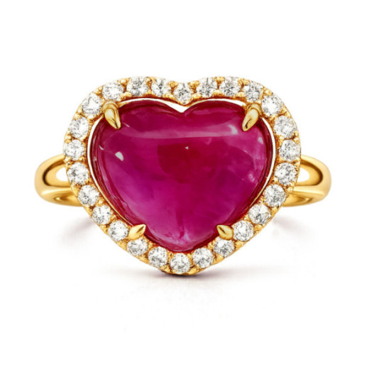 Ruby and Diamond Heart Necklace Ring in Yellow Gold, Red Carpet - Ruby Rings
