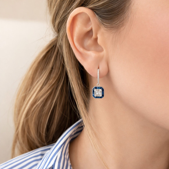 Pendientes Zafiros y Diamantes Oro Blanco Square Criolla - sonolento