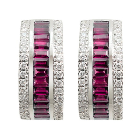 Orecchini a cerchio color rubino e diamante - Orecchini di rubi