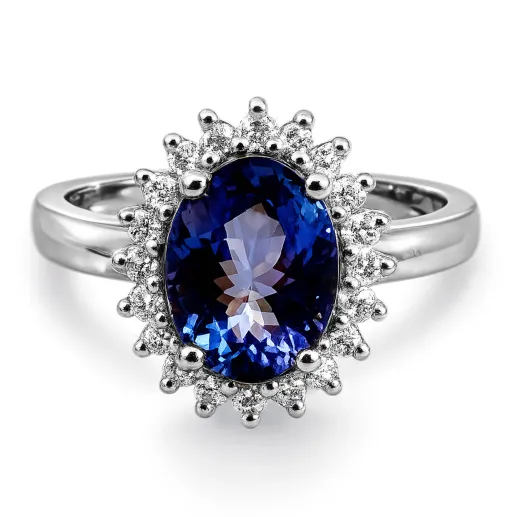 Anillo Tanzanita y Diamantes Oro Blanco Dalia - Anillos de Compromiso Azul
