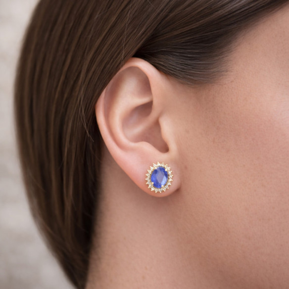 Tanzanite and Diamond Earrings in Yellow Gold Dahlia - Blue stones earrings