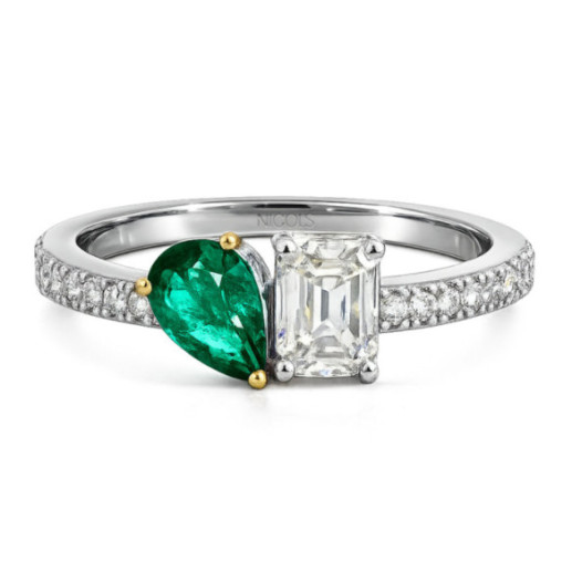Anillo Esmeralda y Diamantes Oro Blanco Tu y Yo - Anillos de Compromiso Verde