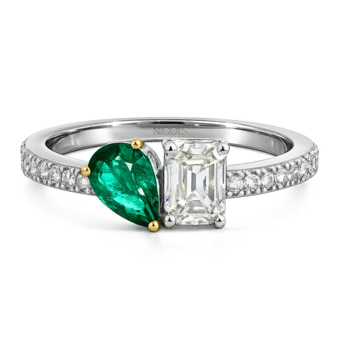 Anillo Esmeralda y Diamantes Oro Blanco Tu y Yo - Anillos de Compromiso Verde