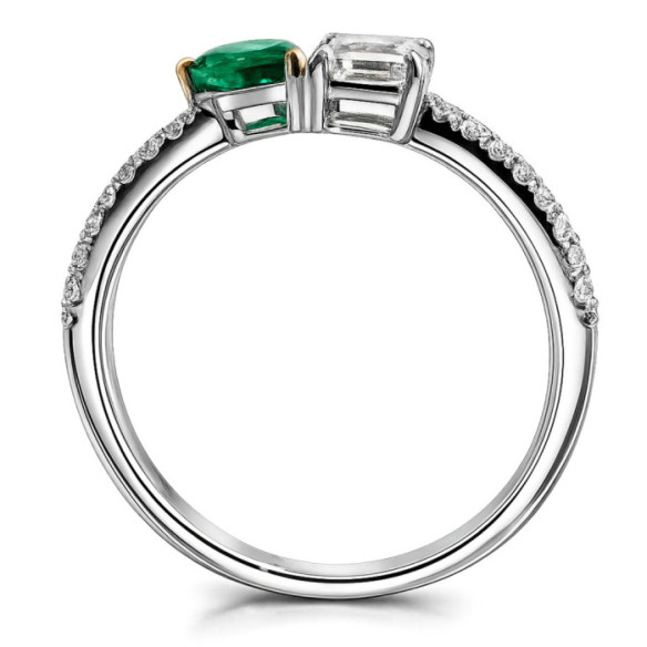 Anillo Esmeralda y Diamantes Oro Blanco Tu y Yo - Anillos de Compromiso Verde