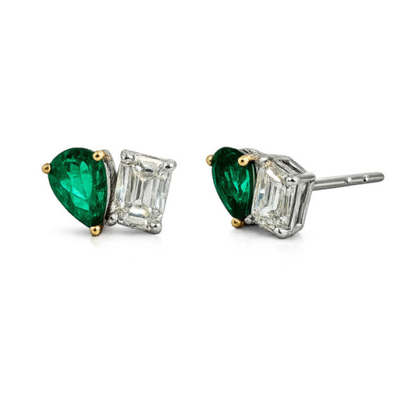 Toi et Moi Emerald and Diamond Earrings in White Gold - Red Stone Pendants