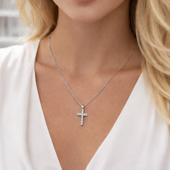 White Gold Catholic Sign Diamond Cross - Crosses