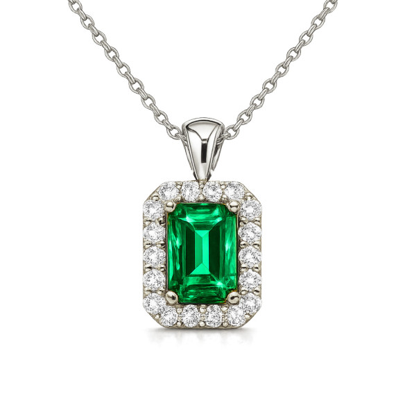 Colier Smarald și Diamante Aur Alb Sunset Rectangle