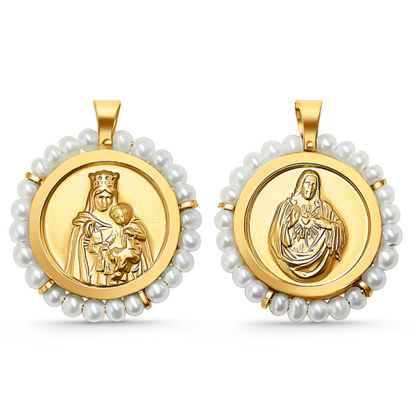 Escapulario oro y perlas Virgen del Carmen y Sagrado Corazón