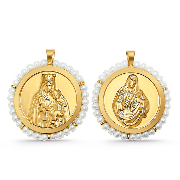 Escapulario oro y perlas Virgen del Carmen y Sagrado Corazón