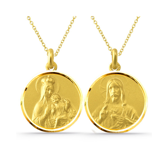 Escapulario Virgen del Carmen y Sagrado Corazón 18K Bisel